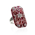 Long Rectangle Red Enamel Marcasite 'Art Deco' Ring
